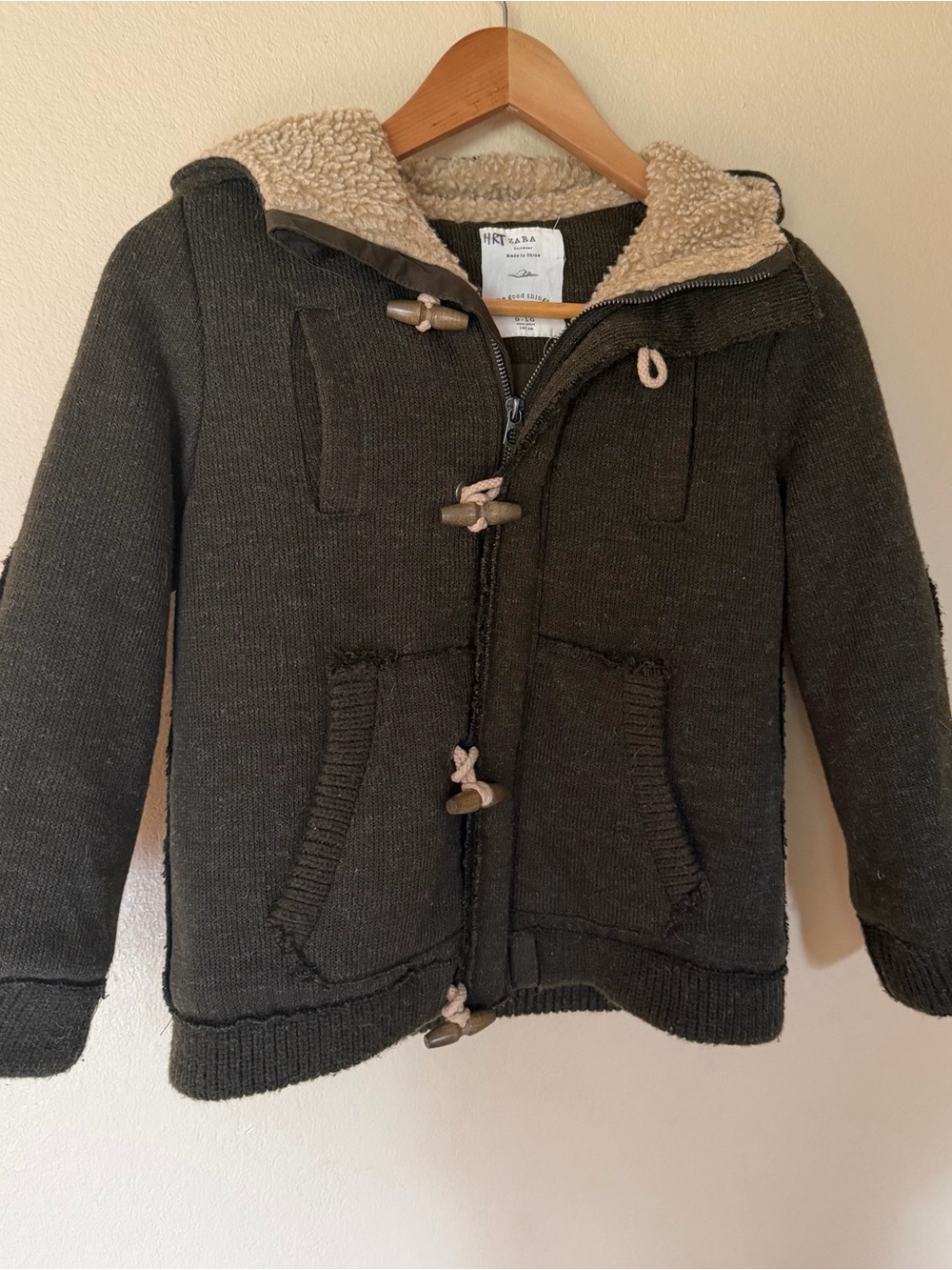 ZARA Kids Olive Green Knit Duffle Coat Faux Sherpa Lined Toggle Jacket Size 9-10